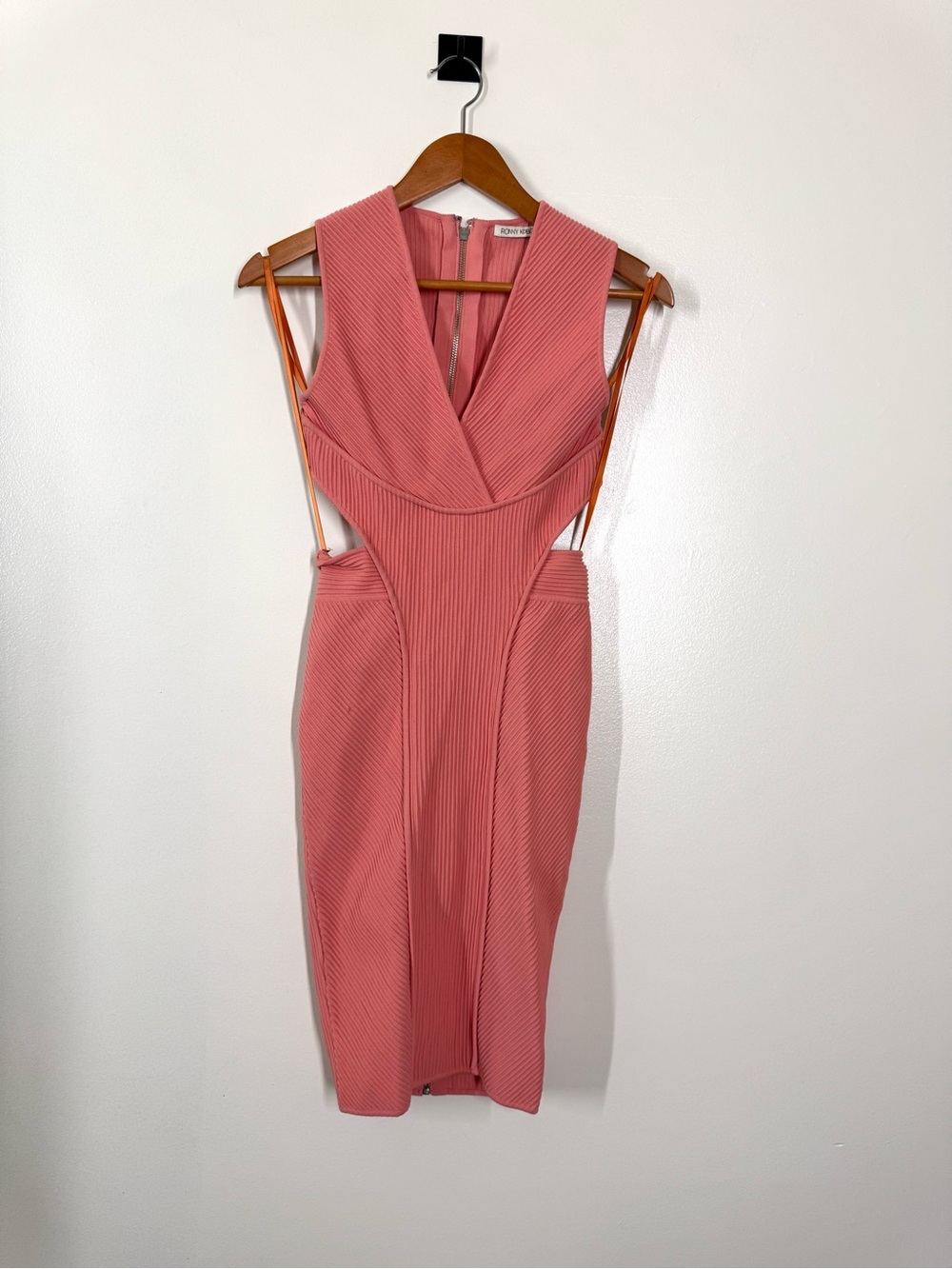 Ronny Kobo Collection Rose-Pink Ribbed Midi Bodycon Dress Side Cutouts Size XS